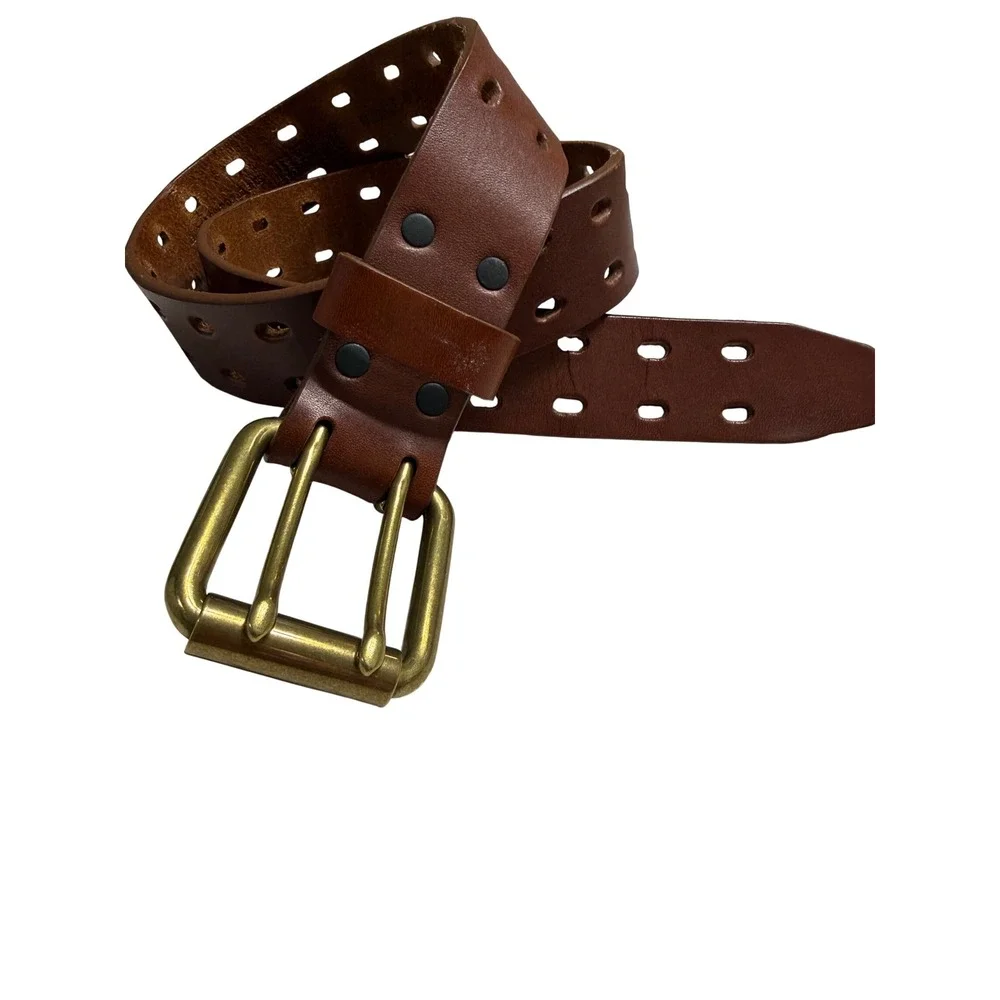 Duluth Trading Co Belt Brown EUC Double Prong Solid Brass Casual Work 34